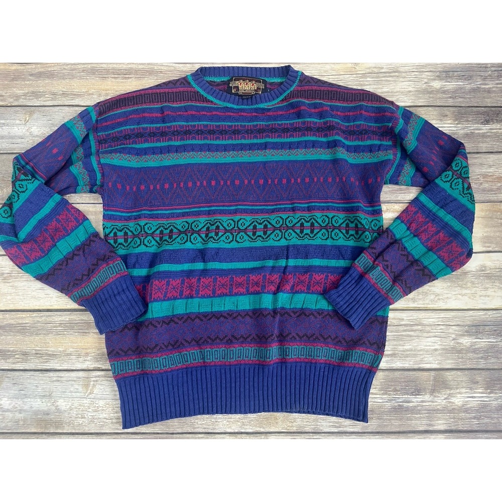 Vtg Ralph Lauren Chaps Men's Cable Knit Sweater Cotton Large Purple Teal Pink